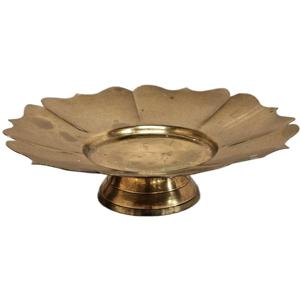 Vintage Brass Lotus Flower Pedestal Decorative Tray Candle‎ Holder Made In India